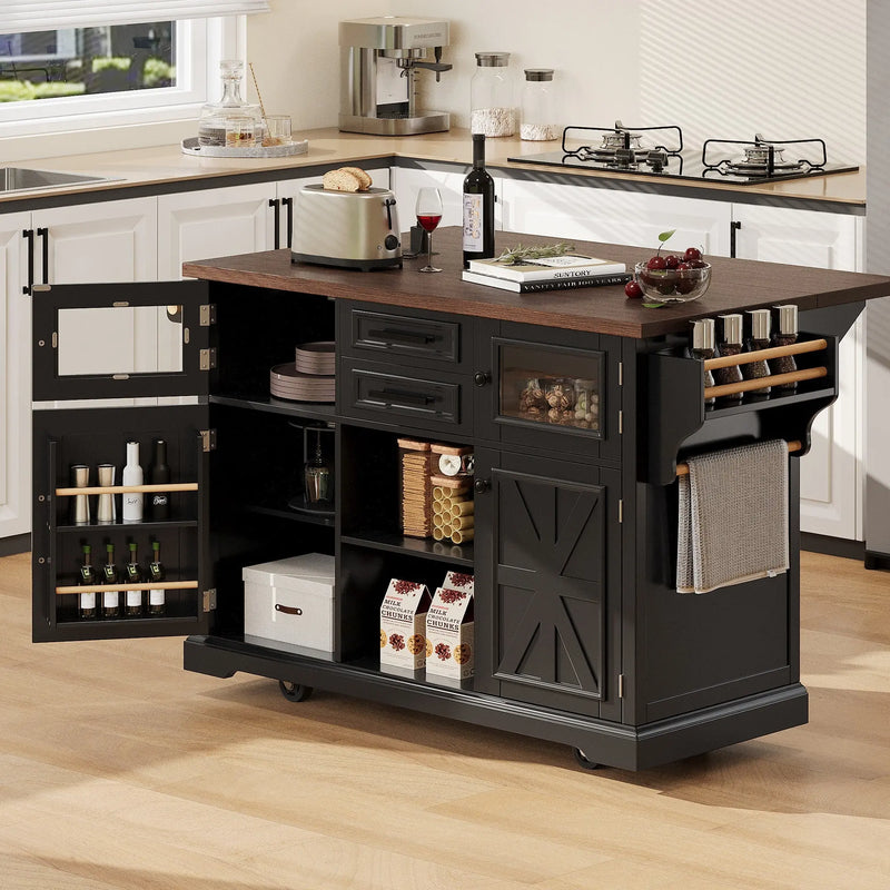 K&K 54.9' Kitchen Island with Drop Leaf, Power Outlet, Kitchen Storage Cart with 4 Door Shelves, Cross Barn Doors & Visual Glass Door, Rolling Kitchen Island on 4 Wheels for Kitchen, Dining Room,Black Glass House Furnishings