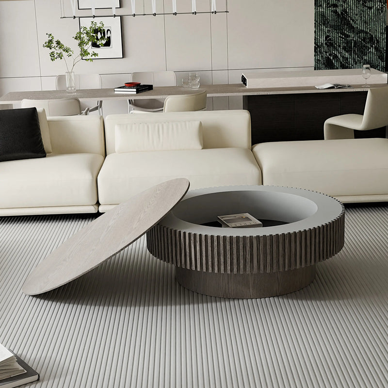 39.37'' Round Coffee Table with Storage Solid Wood Veneered Modern Coffee Table Accent Tea Table for Living Room, Bedroom, Apartment or Office, Grey Glass House Furnishings