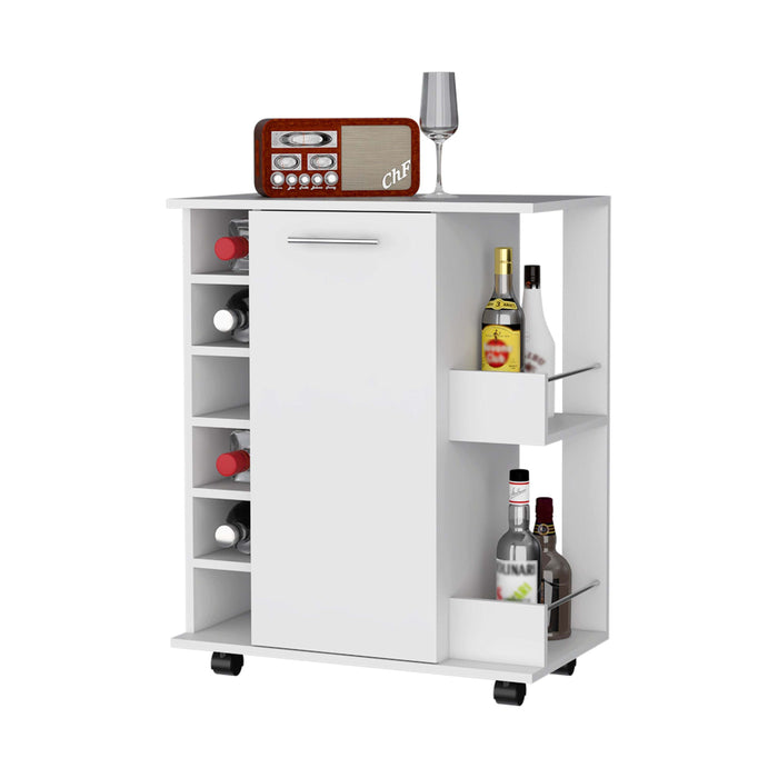 Woodland Bar Cart with Casters, Wine Rack and Open Shelf, White