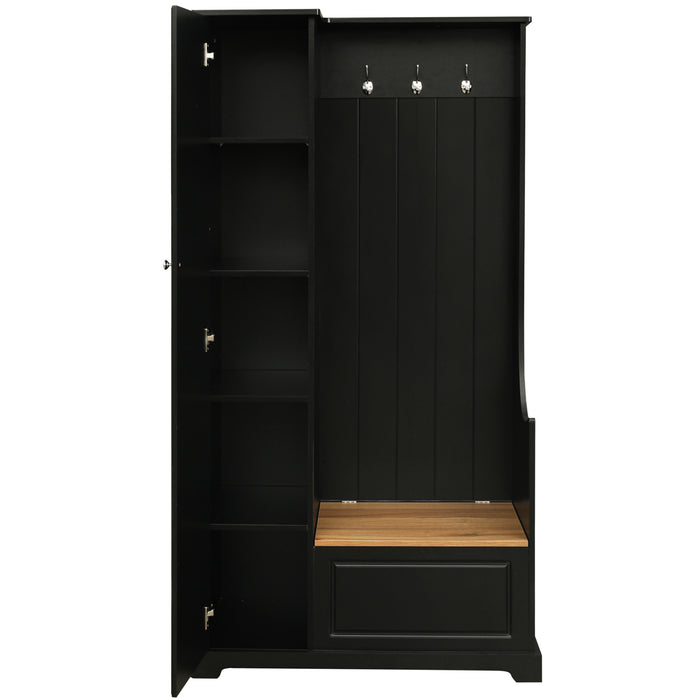 ON-TREND Stylish Design Hall Tree with Flip-Up Bench, Minimalist Hallway Shoe Cabinet with Adjustable Shelves, Multifunctional Furniture with Hanging Hooks for Entryways, Mudroom, Black