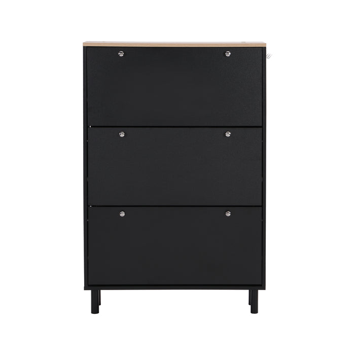 ON-TREND Narrow Design Shoe Cabinet with 3 Flip Drawers, Wood Grain Pattern Top Entryway Organizer with 3 Hooks, Free Standing Shoe Rack with Adjustable Panel for Hallway, Black