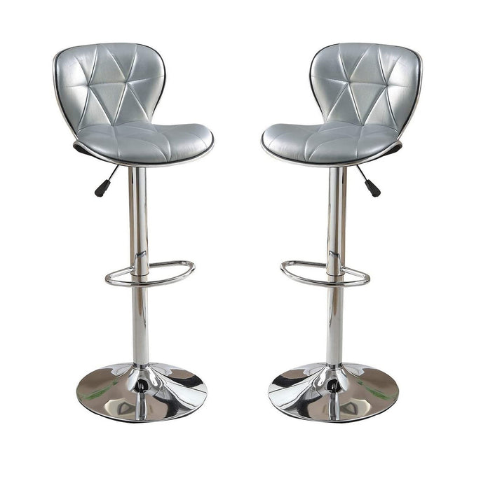 Silver / Grey Faux Leather PVC Stool Counter Height Chairs Set of 2 Adjustable Height Kitchen Island Stools Chrome Base.