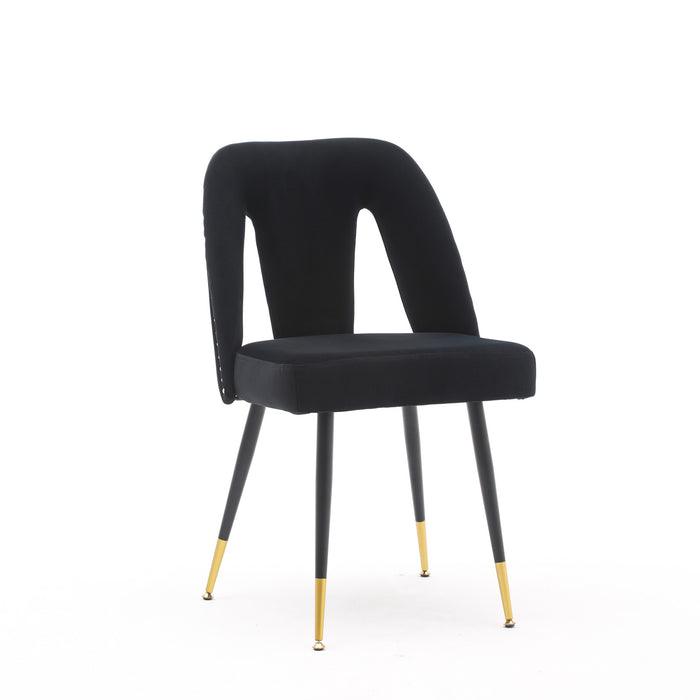 Set of 2 Modern Velvet Upholstered Dining Chairs With Nailheads & Gold Tipped Black Metal Legs, Black