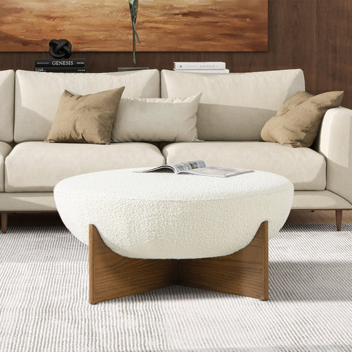 Bali Ivory Bouclé Round Cocktail Ottoman with Natural Wood Base Glass House Furnishings