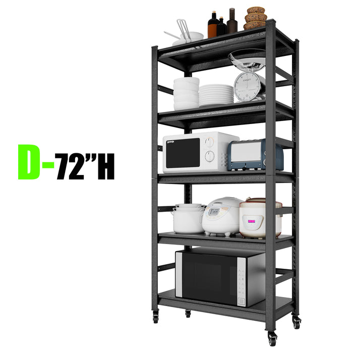 72"H Heavy Duty Storage Shelves Adjustable 5-Tier Metal Shelving Unit with Wheels for 1750LBS Load  Kitchen, Garage, Pantry, and More