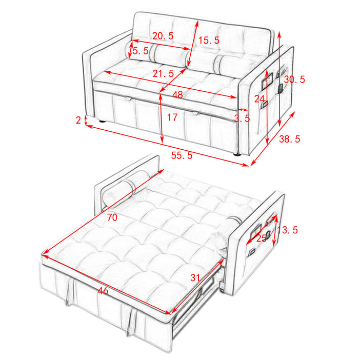 Modern 55.5" Pull Out Sleep Sofa Bed, 2-Seater Loveseat Couch with Side Pockets, Adjustable Backrest, Lumbar Pillows - Ideal for Apartment, Office, Living Room, Grey