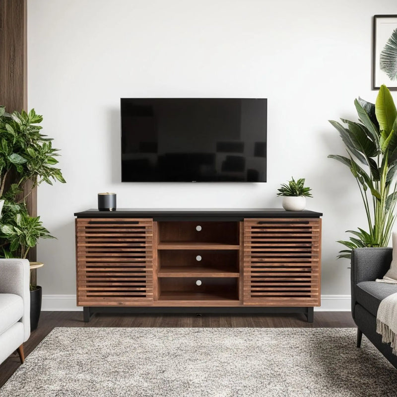 63 inch TV Stand Console for TVs up to 70 inches, No Assembly Required, Black with Bourbon Finish Glass House Furnishings