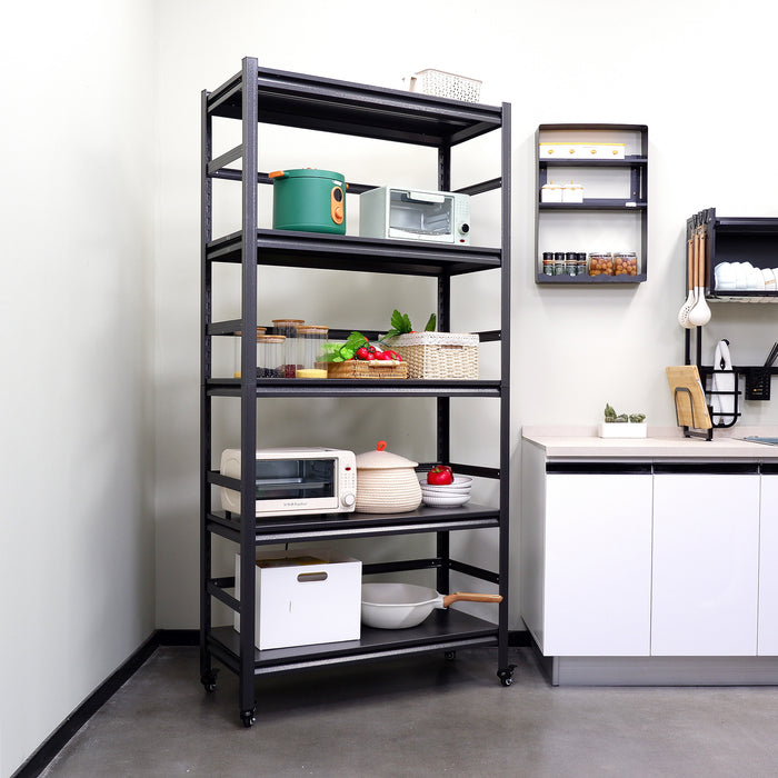 72"H Heavy Duty Storage Shelves Adjustable 5-Tier Metal Shelving Unit with Wheels for 1750LBS Load  Kitchen, Garage, Pantry, and More