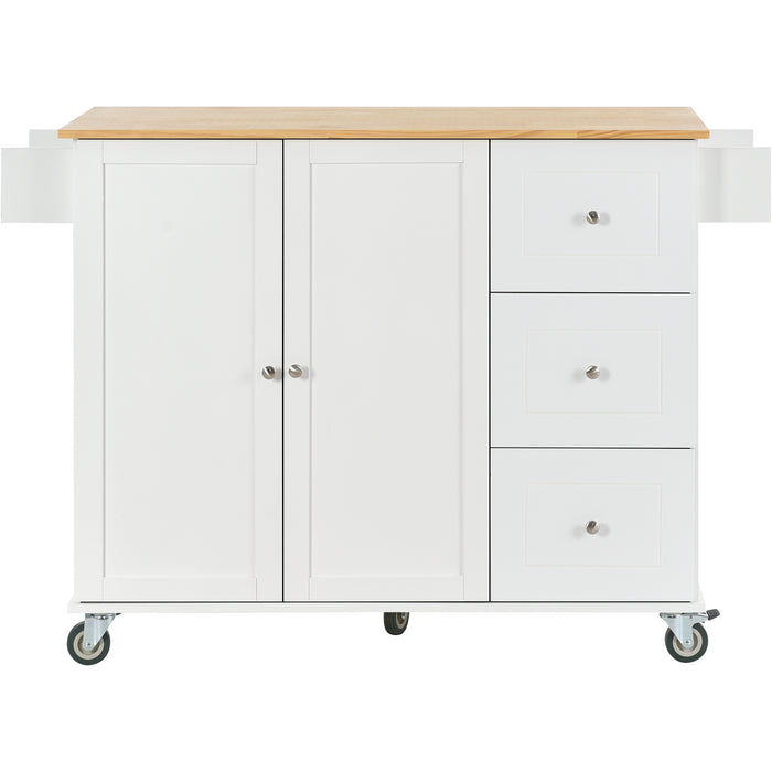 Rolling Mobile Kitchen Island with Solid Wood Top and Locking Wheels, 52.7 Inch Width, Storage Cabinet and Drop Leaf Breakfast Bar, Spice Rack, Towel Rack & Drawer, White