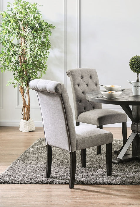 Set of 2 Classic Antique Black/Light Gray Side Chairs, Button Tufted Linen-Like Fabric, Solid Wood, Upholstered Scroll Back - Rustic Dining Room Furniture