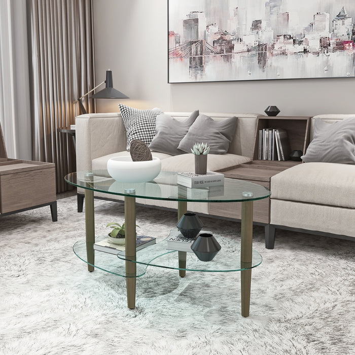 Transparent Oval glass coffee table, modern table in living room Oak wood leg tea table 3-layer  glass table