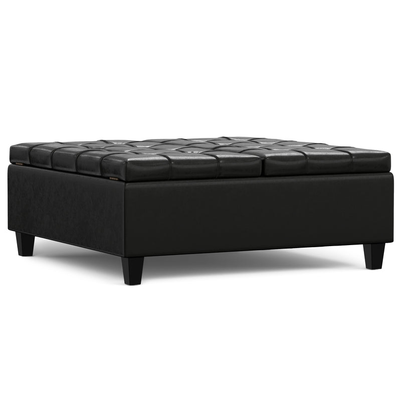 Harrison Midnight Black Vegan Leather Coffee Table Storage Ottoman Glass House Furnishings