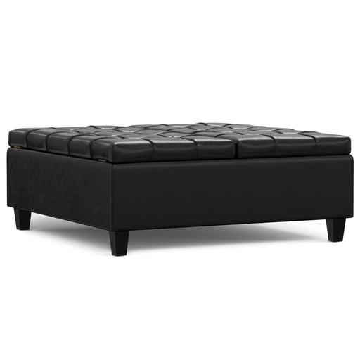 Harrison Midnight Black Vegan Leather Coffee Table Storage Ottoman Glass House Furnishings