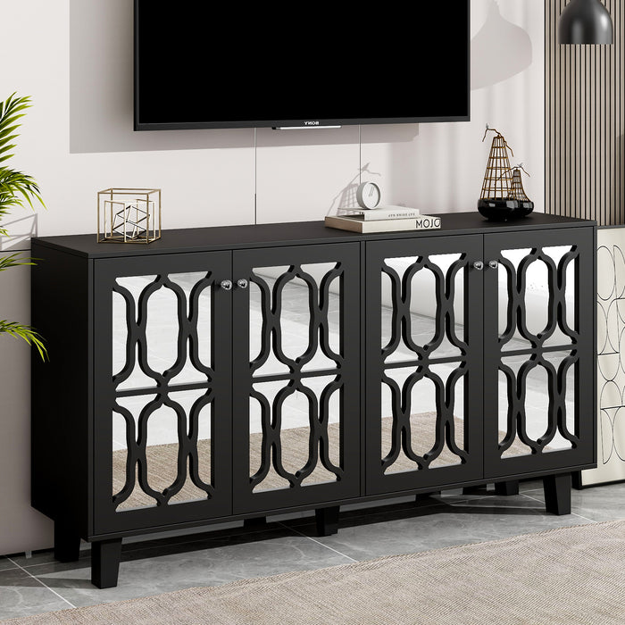 ON-TREND Buffet Cabinet with Adjustable Shelves, 4-Door Mirror Hollow-Carved TV stand for TVs Up to 70'', Multi-functional Console Table with Storage Credenza Accent Cabinet for Living Room, Black