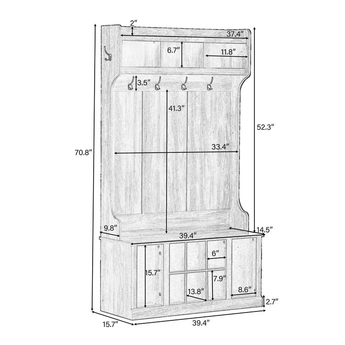 U-Can Hall Tree with 6 Hooks , Coat Hanger, Entryway Bench, Storage Bench, 3-in-1 Design, 39.4INCH, for Entrance, Hallway(Tiger)