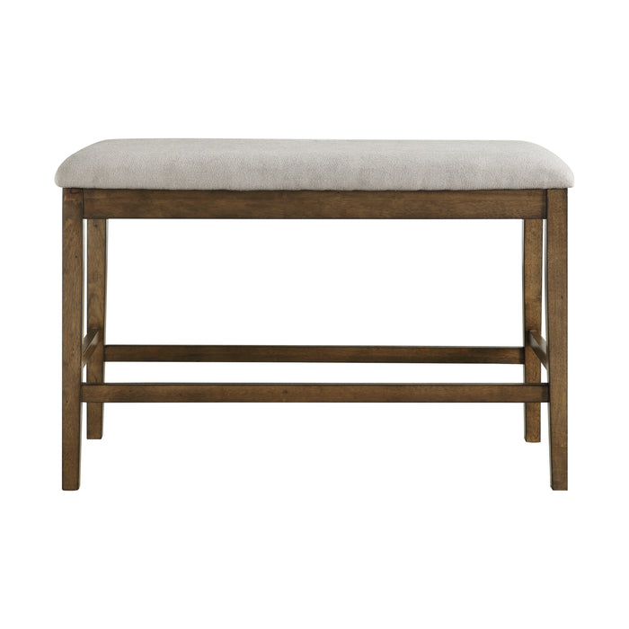 Wooden Frame Counter Height Bench with Light Oak Finish, Mindy Veneer, Gray Textured Fabric Upholstery - Dining Room Furniture