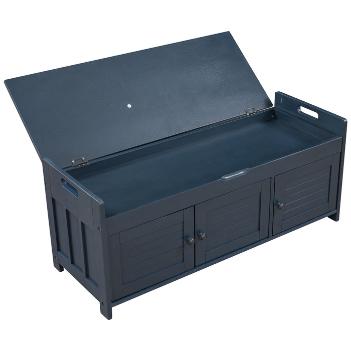 TREXM Storage Bench with 3 Shutter-shaped Doors, Shoe Bench with Removable Cushion and Hidden Storage Space (Antique Navy, OLD SKU: WF284226AAM)