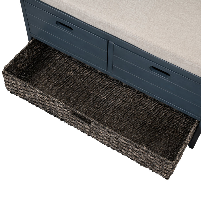 TREXM  Storage Bench with Removable Basket and 2 Drawers, Fully Assembled Shoe Bench with Removable Cushion (Navy)