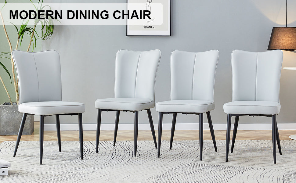 Modern minimalist dining chairs and office chairs. 4-piece set of light gray PU seats with black metal legs. Suitable for restaurants, living rooms, and offices. C-008