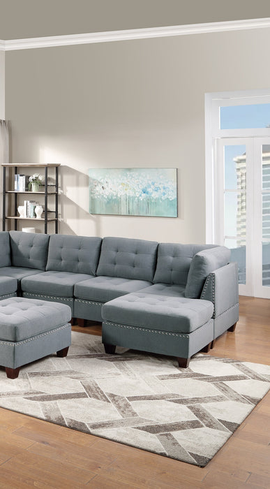 9-Piece Linen-Like Fabric Modular Sectional Living Room Furniture Set, Corner Sectional with Tufted Nail Heads, 3x Corner Wedge, 4x Armless Chairs, and 2x Ottomans, Gray