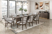 Modern Luxury Brown Finish 9pc Dining Set Extension Dining Table and 8x Armchairs Set Gold Tipping Upholstered Dining Kitchen Furniture Glass House Furnishings