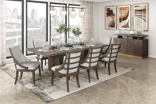 Modern Luxury Brown Finish 9pc Dining Set Extension Dining Table and 8x Armchairs Set Gold Tipping Upholstered Dining Kitchen Furniture Glass House Furnishings
