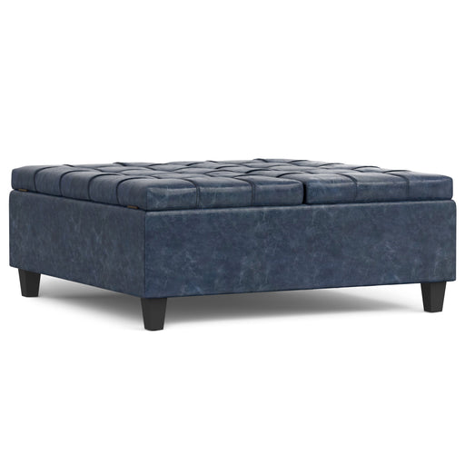 Harrison Denim Blue Vegan Leather Lift-Top Coffee Table Ottoman Glass House Furnishings