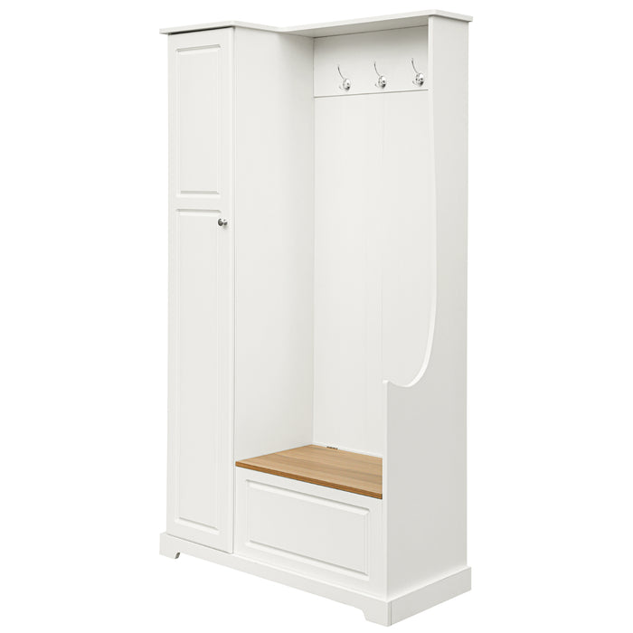 ON-TREND Stylish Design Hall Tree with Flip-Up Bench, Minimalist Hallway Shoe Cabinet with Adjustable Shelves, Multifunctional Furniture with Hanging Hooks for Entryways, Mudroom, White