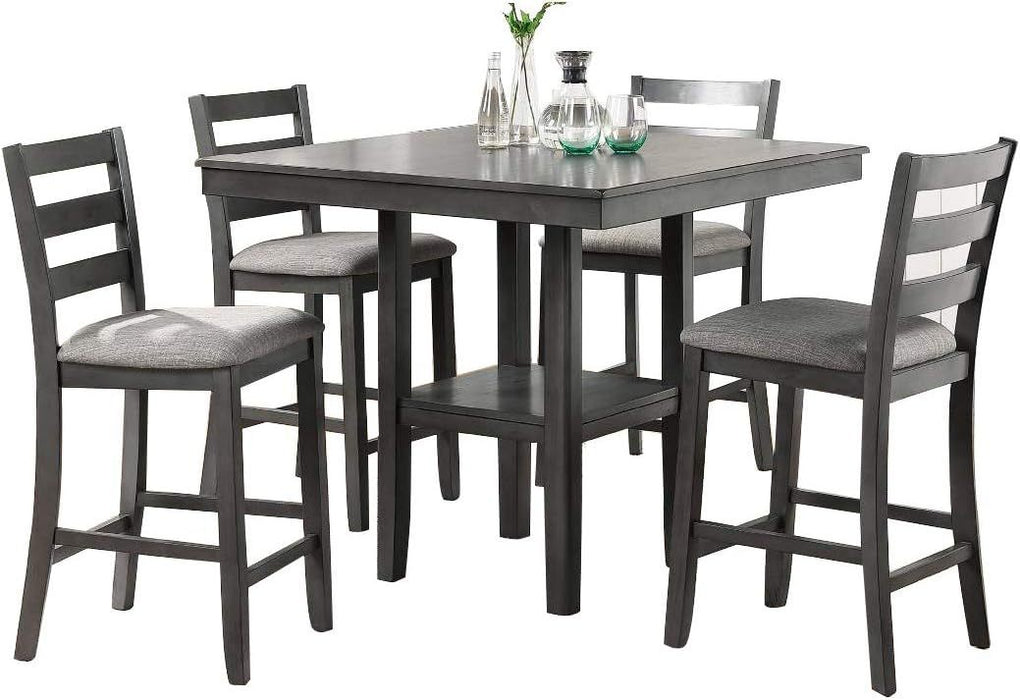 Counter Height 5-Piece Set Classic Dining Room Furniture, Gray Finish Square Dining Table With Shelves, Cushion Seat Ladder Back High Chairs - Solid Wood