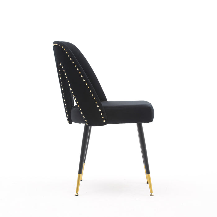 Set of 2 Modern Velvet Upholstered Dining Chairs With Nailheads & Gold Tipped Black Metal Legs, Black