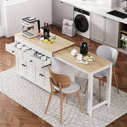 K&K 74.5 inch Kitchen Island with Extendable Dining Table , Rolling Kitchen Island on Wheels with Spice Rack and 2 Drawers, 4 Door Cabinet, for Kitchen, Dining Room, White (One Package) Glass House Furnishings