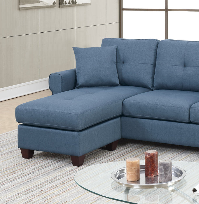 Blue Glossy Polyfiber Tufted Cushion Sectional Sofa With Reversible Chaise, Living Room Furniture