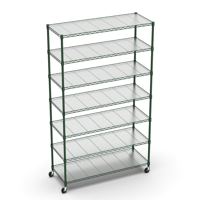 7 Tier Wire Shelving Unit, 2450 LBS NSF Height Adjustable Metal Garage Storage Shelves with Wheels, Heavy Duty Storage Wire Rack Metal Shelves - Green