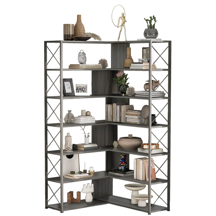 7-Tier L-Shaped Corner Bookcase, Industrial Style with Metal Frame and Open Storage Shelves, Perfect for Home Office - MDF Board, Silver + Grey