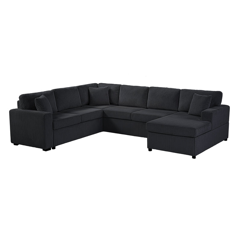 Oversized Sectional Sofa 115.3' U-Shaped Sofa with Chaise Lounge and Three Soft Throw Pillows, Black Corduroy Fabric