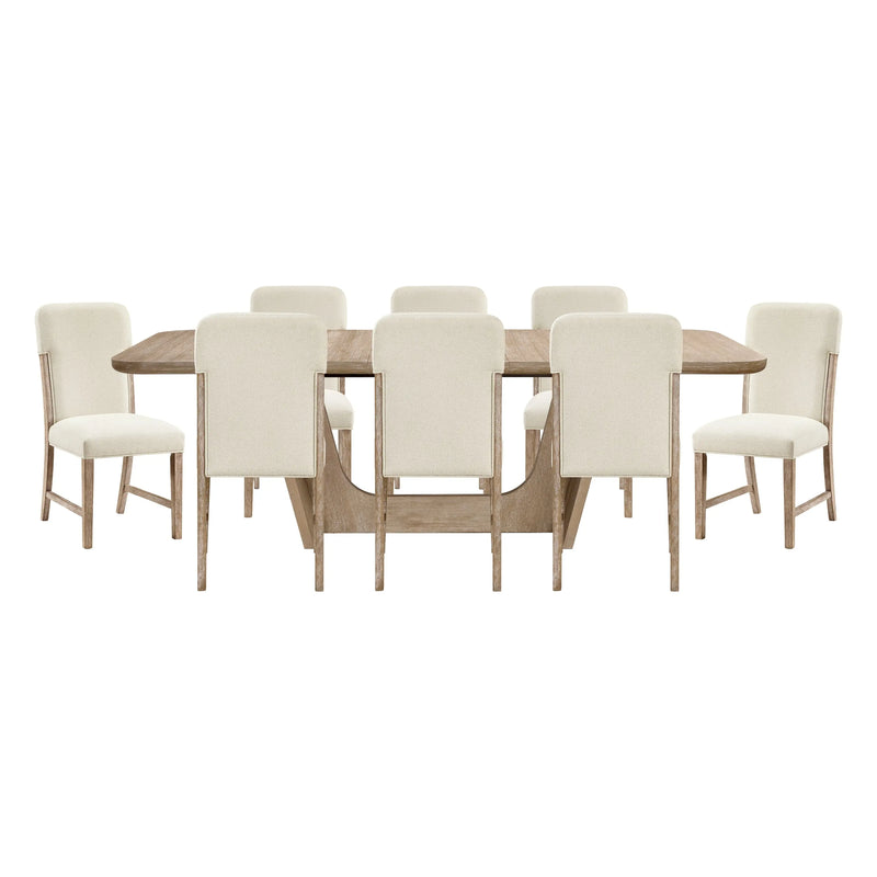 Beautiful Natural Finish Dining Set 9pc Extendable Table Upholstered Chairs Beige Modern Farmhouse Dining Room Furniture Glass House Furnishings