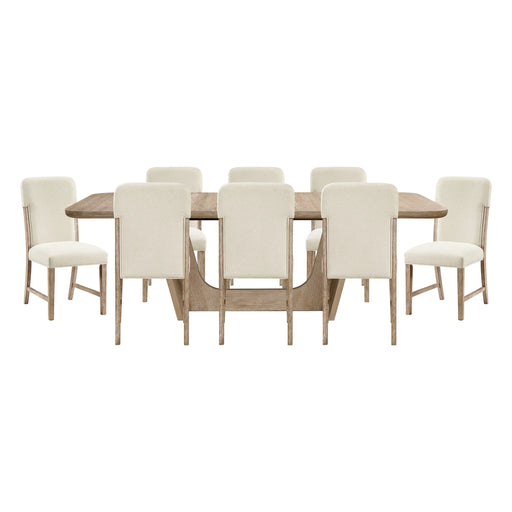 Beautiful Natural Finish Dining Set 9pc Extendable Table Upholstered Chairs Beige Modern Farmhouse Dining Room Furniture Glass House Furnishings