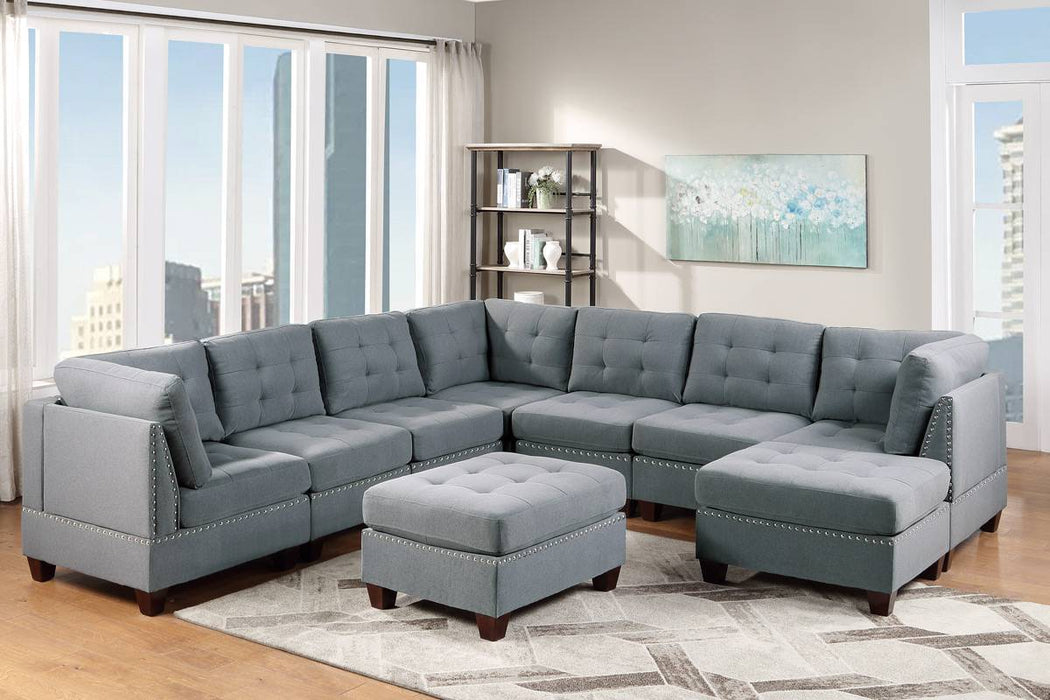 9-Piece Linen-Like Fabric Modular Sectional Living Room Furniture Set, Corner Sectional with Tufted Nail Heads, 3x Corner Wedge, 4x Armless Chairs, and 2x Ottomans, Gray