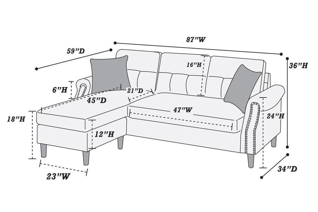 Slate Polyfiber Reversible Sectional Sofa Set with Chaise, Pillows, Plush Cushion, Couch Nailheads