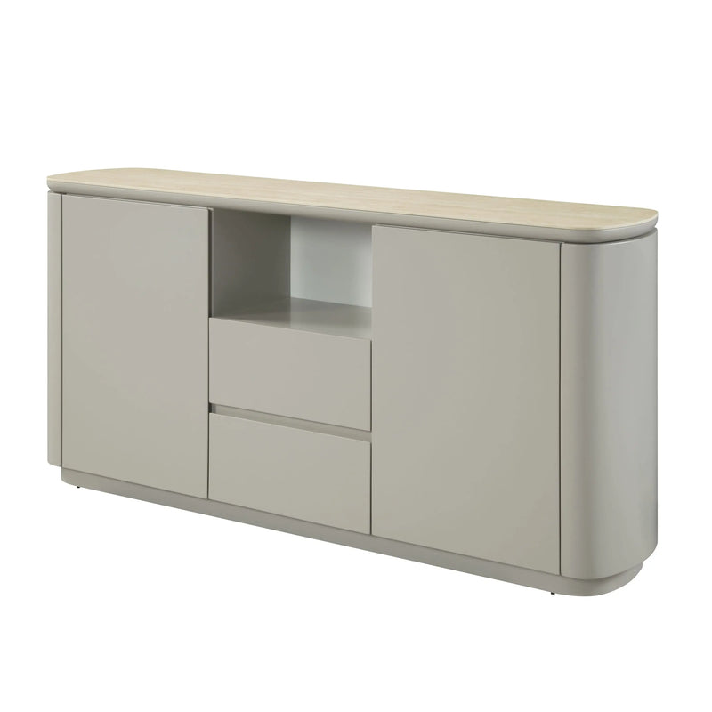 Ingram Ceramic Top & Light Gray Finish Server with Storage Options in Composite Wood and Metal Glass House Furnishings