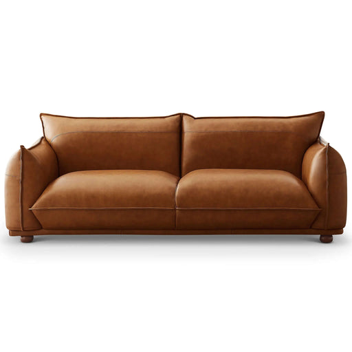 Emma Mid Century Modern Luxury Cognac Leather Sofa with Tufted Design and Solid Wood Legs 33.1'H / 89'W / 34.6'D for Home, Apartment, Dorm, Bonus Room, Compact Spaces Glass House Furnishings