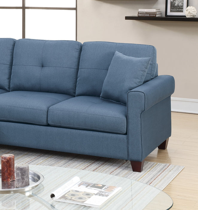 Blue Glossy Polyfiber Tufted Cushion Sectional Sofa With Reversible Chaise, Living Room Furniture