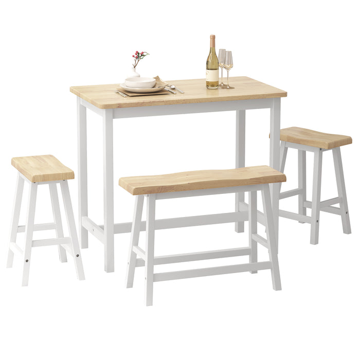 Modern 4-Piece Rubber Wood Bar Dining Table Set, Kitchen Bistro Counter Height Table with Bench, Stool - Natural & White