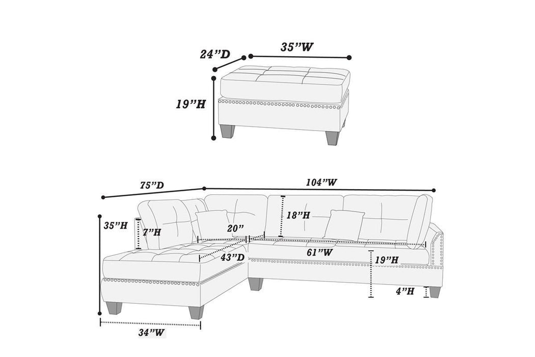 3-Pc Sectional Sofa with Blue Grey Polyfiber Chaise Ottoman & Pillows