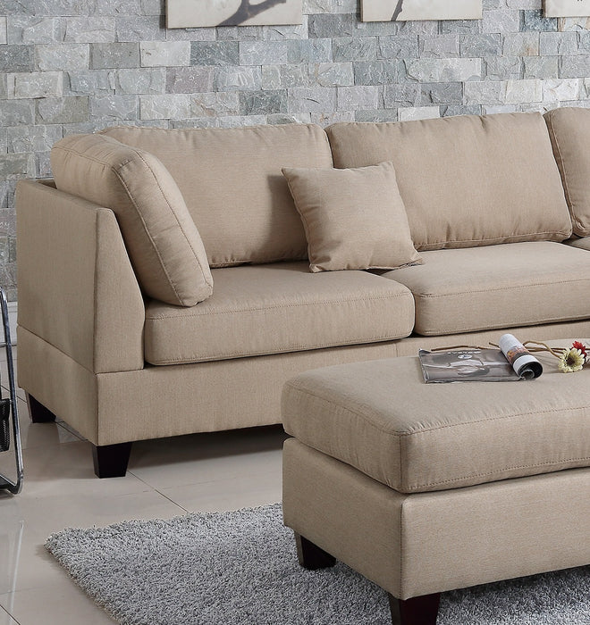 3-Piece Sectional Living Room Furniture Set with Reversible Chaise Sofa, Ottoman, and Polyfiber Linen-Like Fabric Cushion Couch, Sand Color