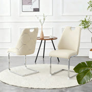 Dining Chairs Set of 2, Off White Faux Leather Kitchen Chairs with Gold Mesh Texture, Silver Back Ring and Chrome Pull Handle, High Back Upholstered Dining Room Chair (Off White, Set of 2) Glass House Furnishings