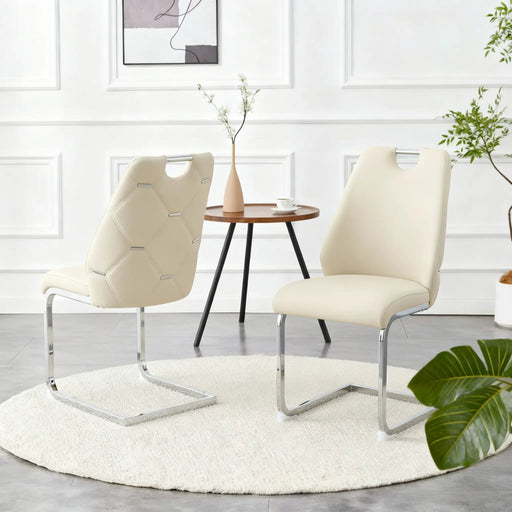 Dining Chairs Set of 2, Off White Faux Leather Kitchen Chairs with Gold Mesh Texture, Silver Back Ring and Chrome Pull Handle, High Back Upholstered Dining Room Chair (Off White, Set of 2) Glass House Furnishings