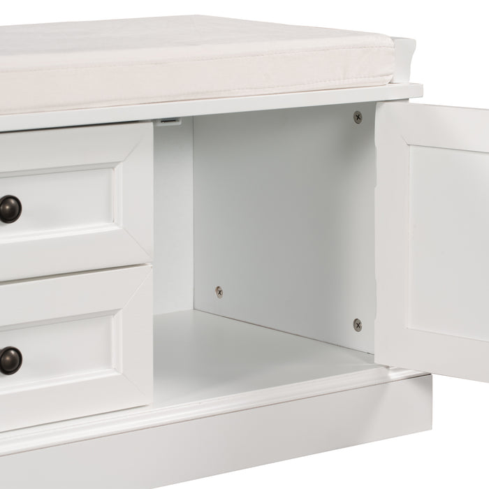 TREXM Storage Bench with 2 Drawers and 2 Cabinets, Shoe Bench with Removable Cushion for Living Room, Entryway (White)