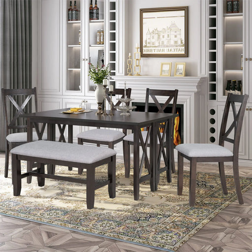 TREXM 6-Piece Family Dining Room Set Solid Wood Space Saving Foldable Table and 4 Chairs with Bench for Dining Room (Espresso) Glass House Furnishings