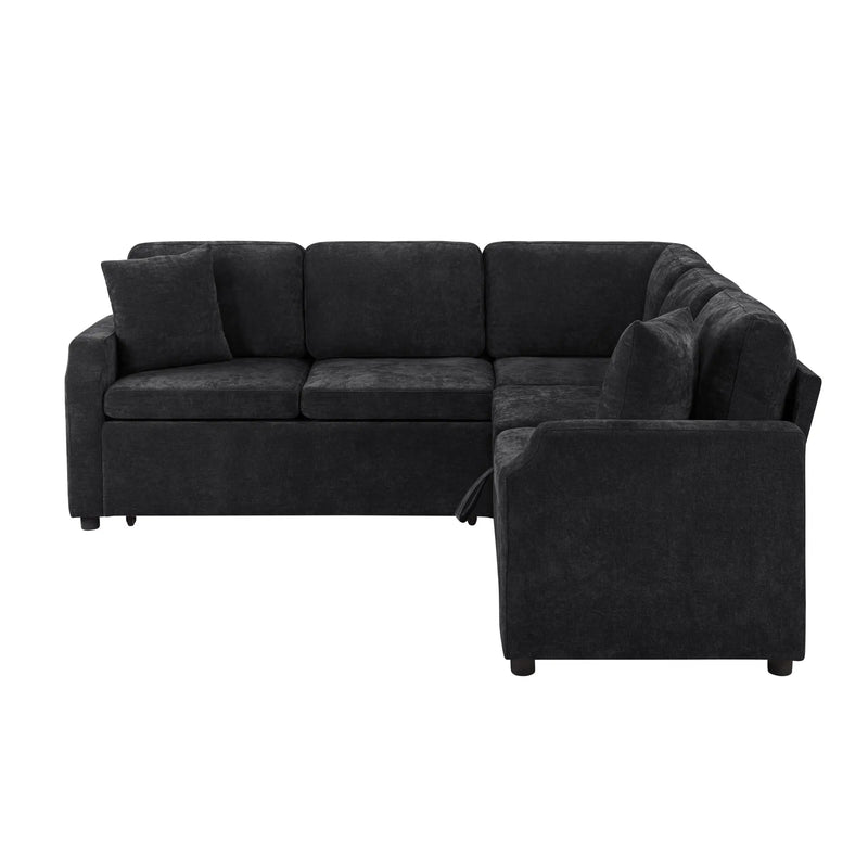 Modern L-Shaped Sectional Sofa Bed with Hidden Storage, Black Chenille Upholstery, 81.9' Glass House Furnishings